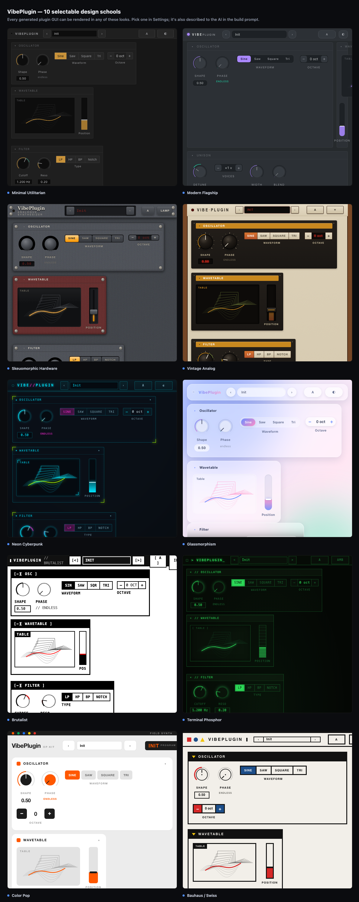 A grid showing the ten built-in design styles, each rendering the same set of plugin controls in a different visual language.