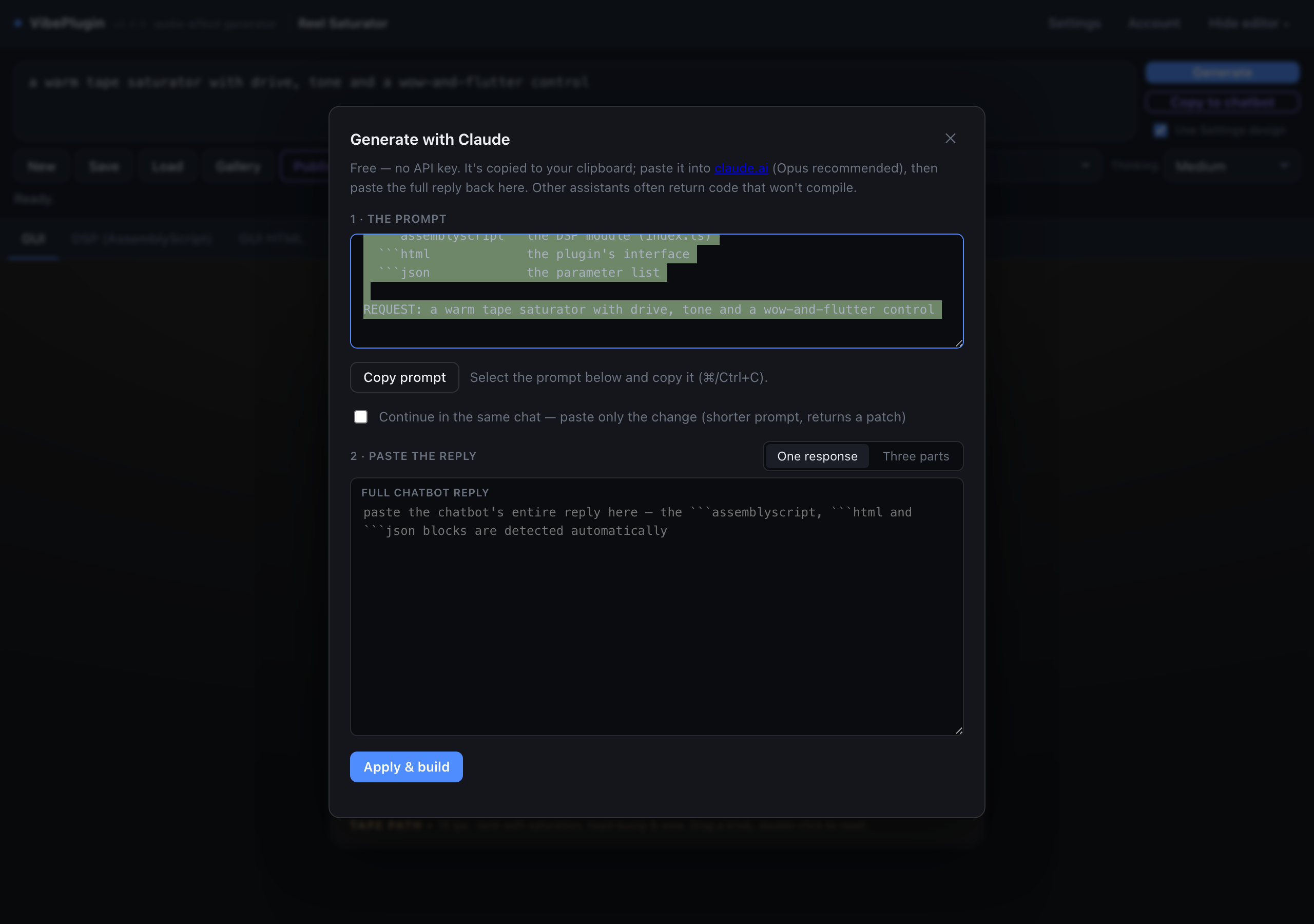 The 'Generate with Claude' dialog: the generated prompt in a box with a Copy prompt button, and a larger box below for pasting Claude's reply.