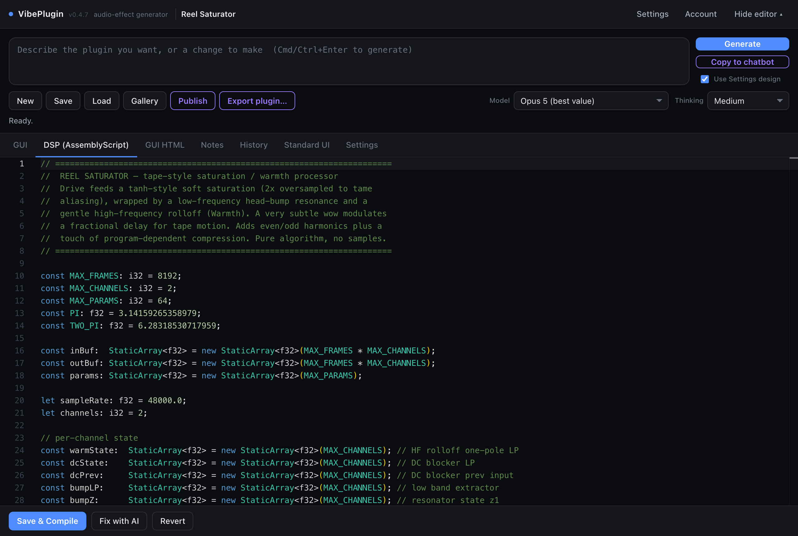 The DSP tab showing the generated AssemblyScript source in a code editor, with Save & Compile, Fix with AI and Revert buttons along the bottom.