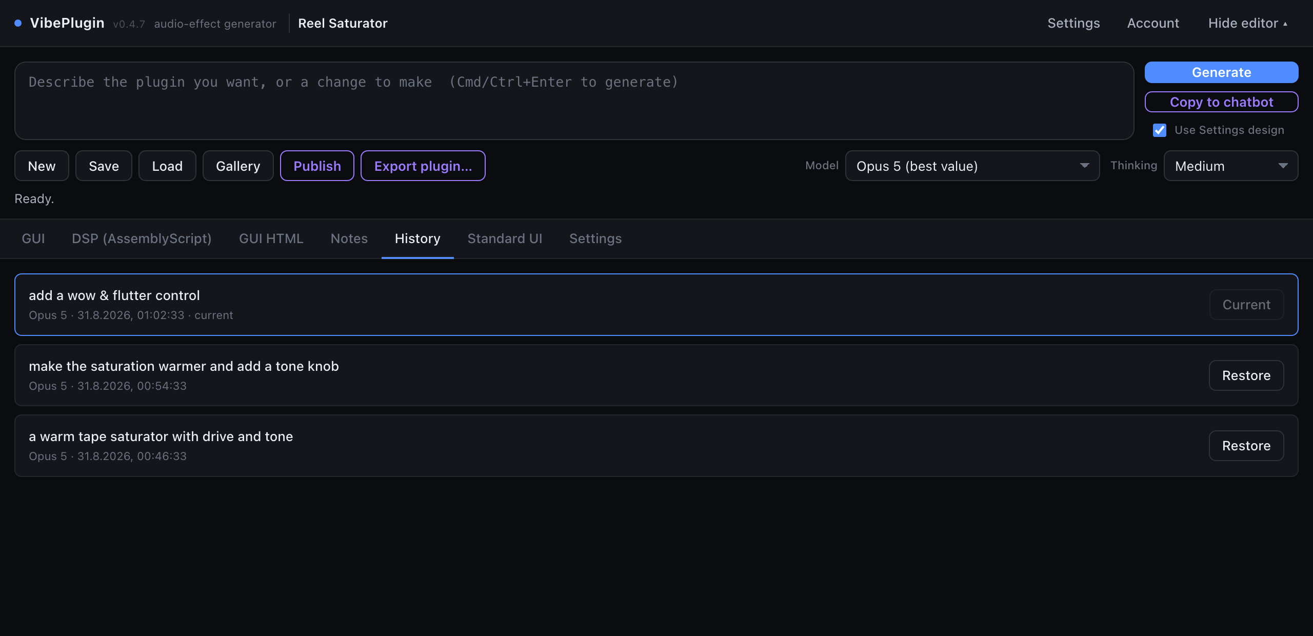 The History tab listing three versions of a plugin, newest first, each with a Restore button.