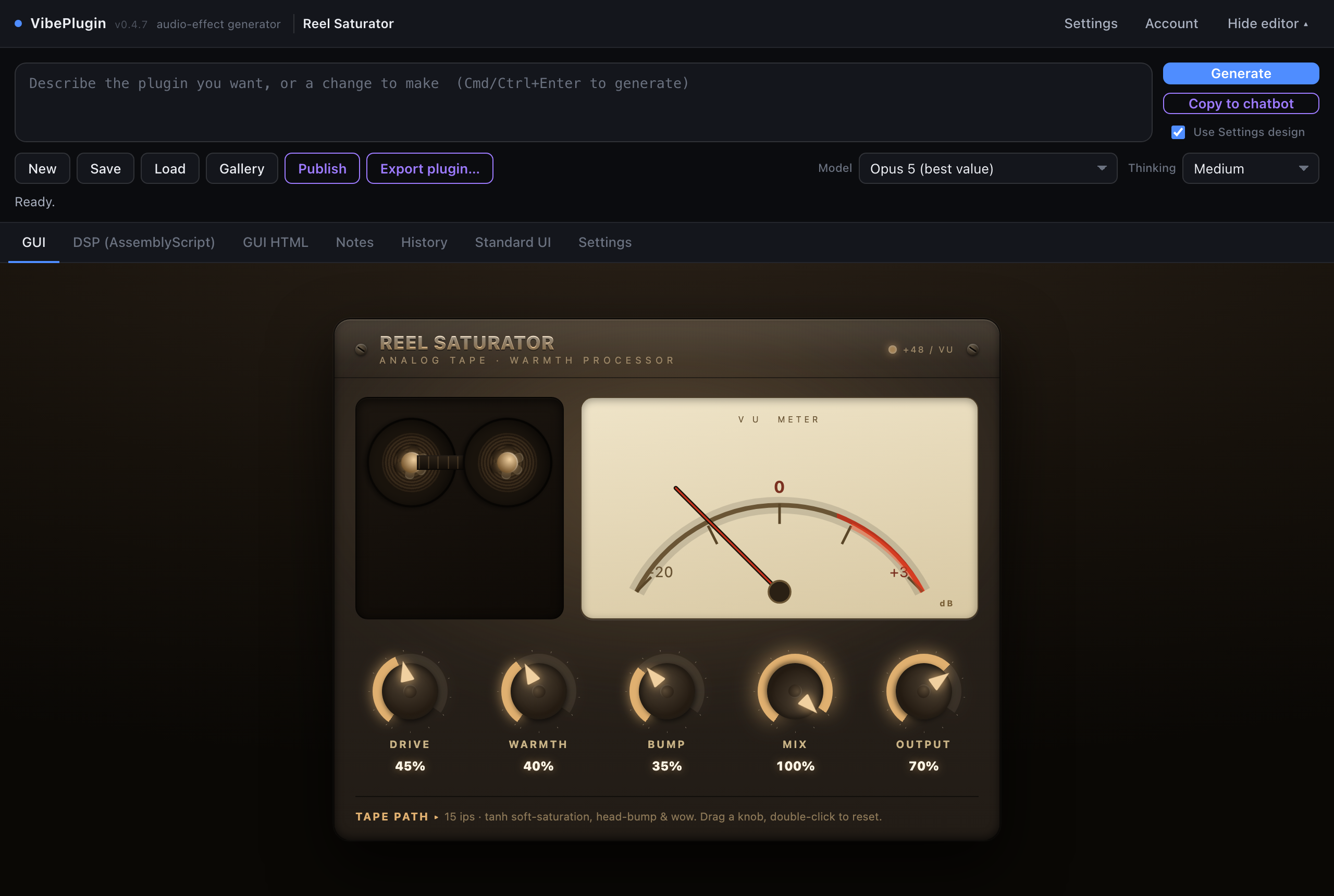 The VibePlugin editor window: a prompt box at the top, a toolbar, and the live plugin interface filling the lower half.