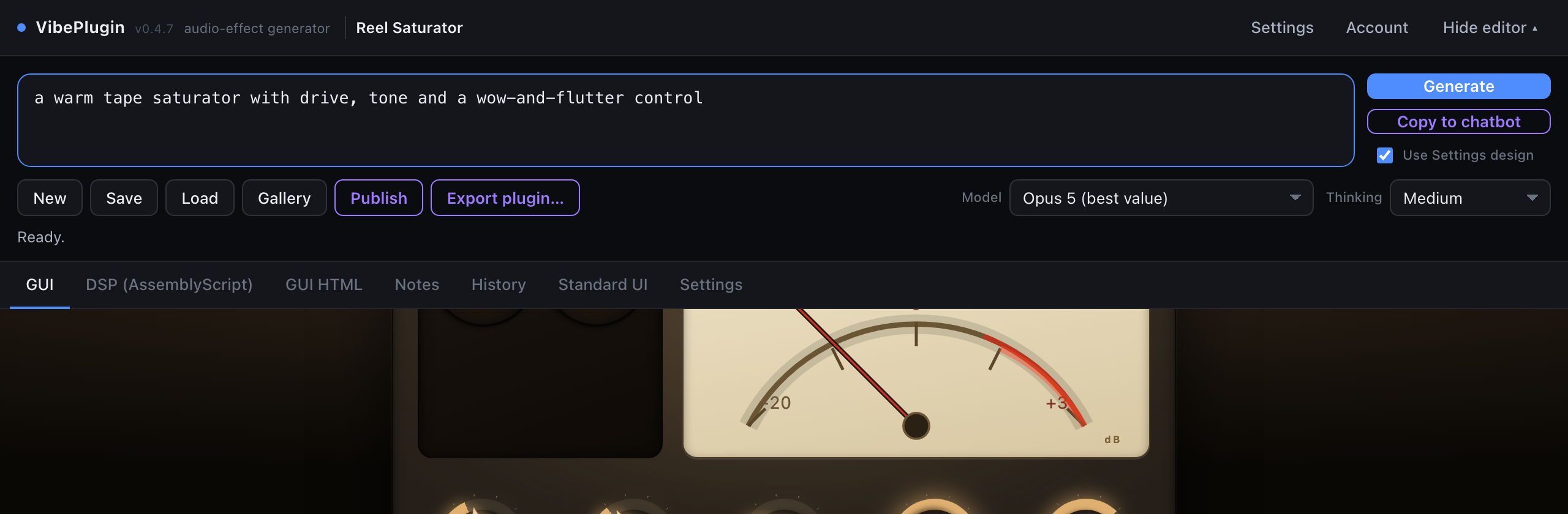 The prompt box filled in with a description of a tape saturator, next to the Generate and Copy to chatbot buttons.