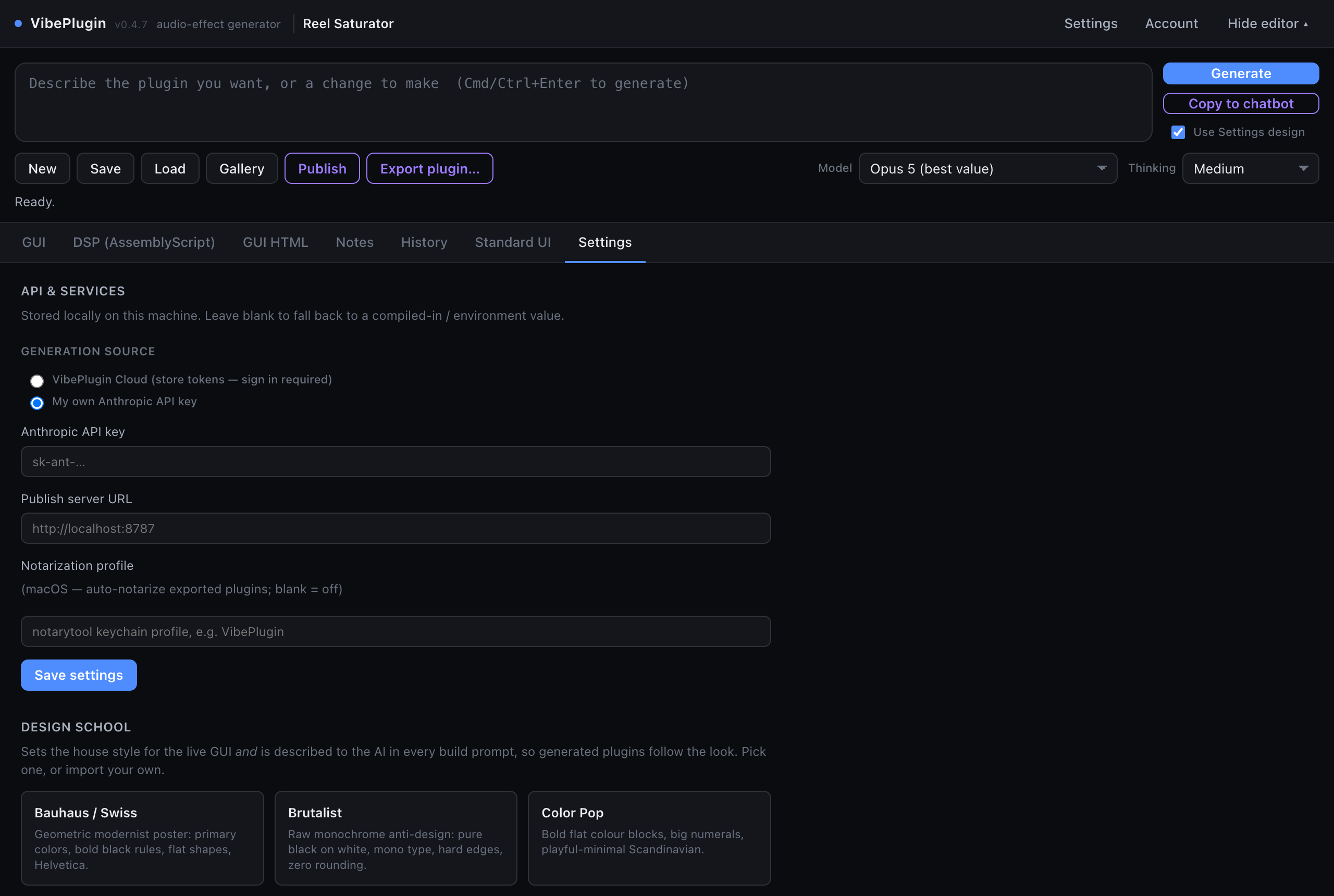 The Settings tab, showing the Generation source radio buttons with 'My own Anthropic API key' selected, and the API key field below it.